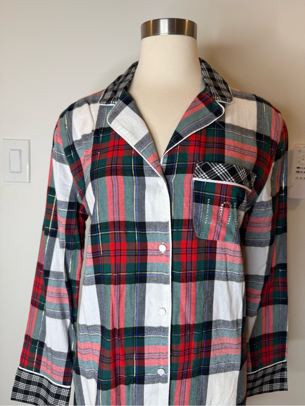 Victoria's Secret Plaid Button-Front Pajama Top - Red Green White